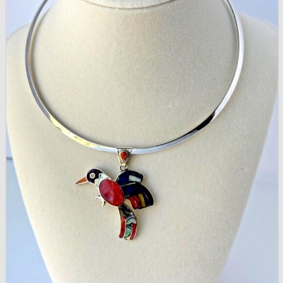 New| Peruvian 950 Sterling Silver Hummingbird Pendant | Handcrafted Mosaic Inlay - Picture 5 of 16